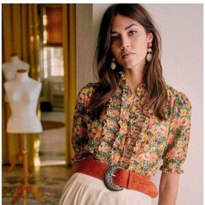 Sézane Noah Floral Ruffled Blouse in Jardin Pastel Size FR 44/US 12